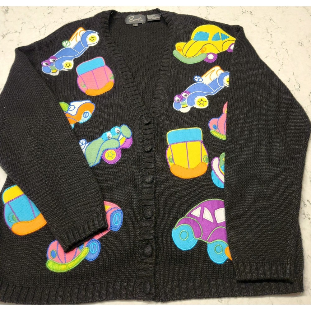 Vintage Sandylo Cars Cardigan Button Down Women's Sweater Sz M